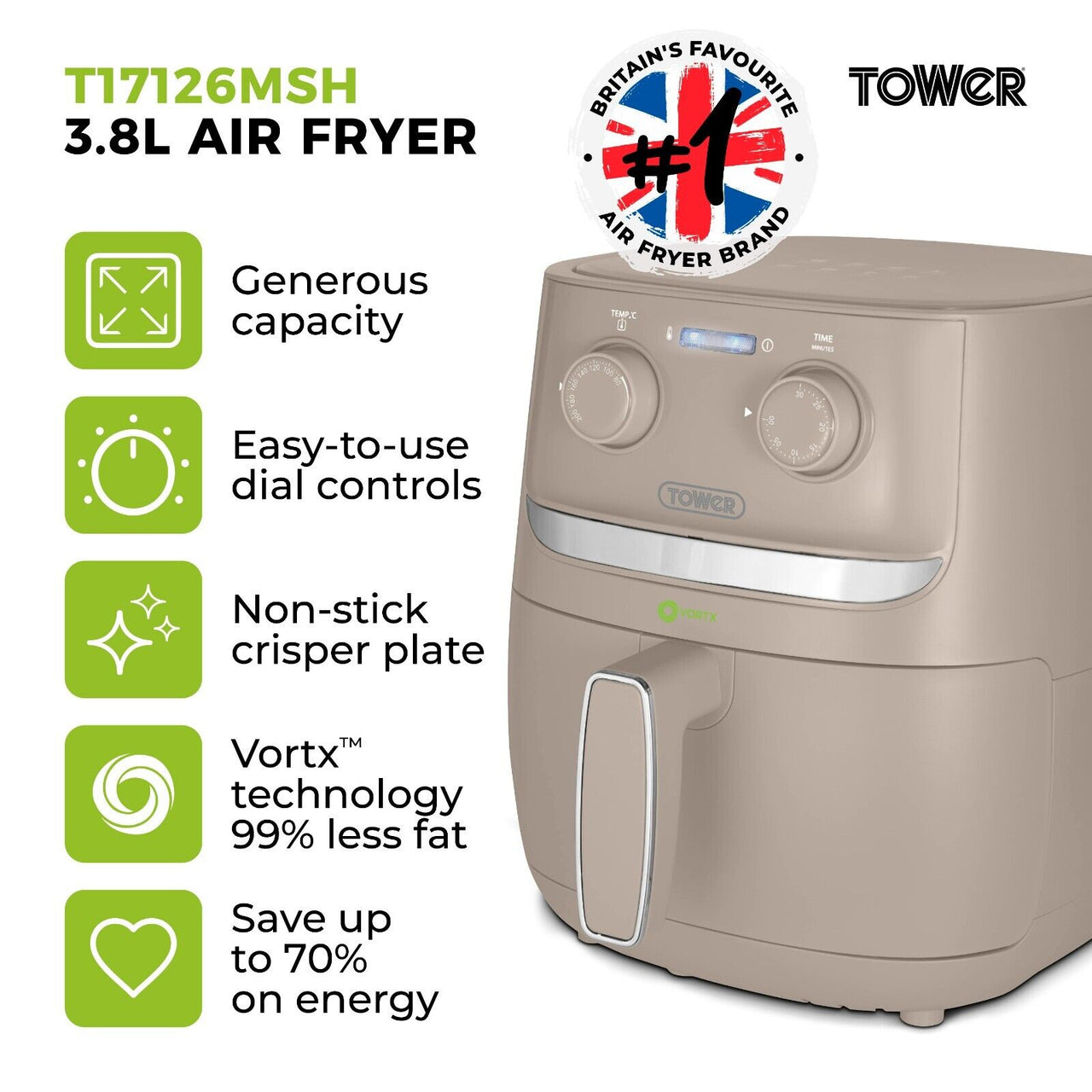 Tower Vortx 3.8 Litre Manual Air Fryer Latte T17126MSH New, 3 Year Guarantee
