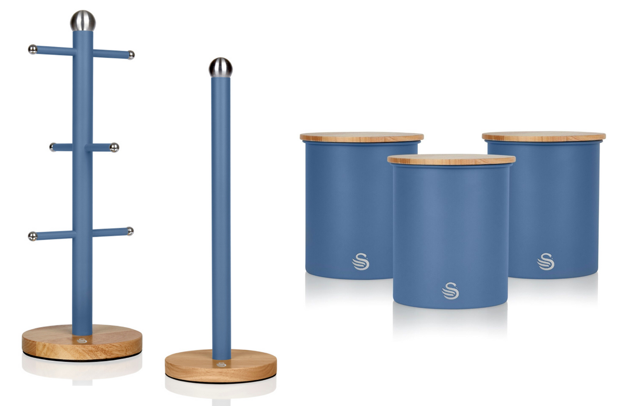 Swan Nordic Blue Tea Coffee & Sugar Canisters, Mug Tree, Towel Pole Matching Kitchen Storage Set