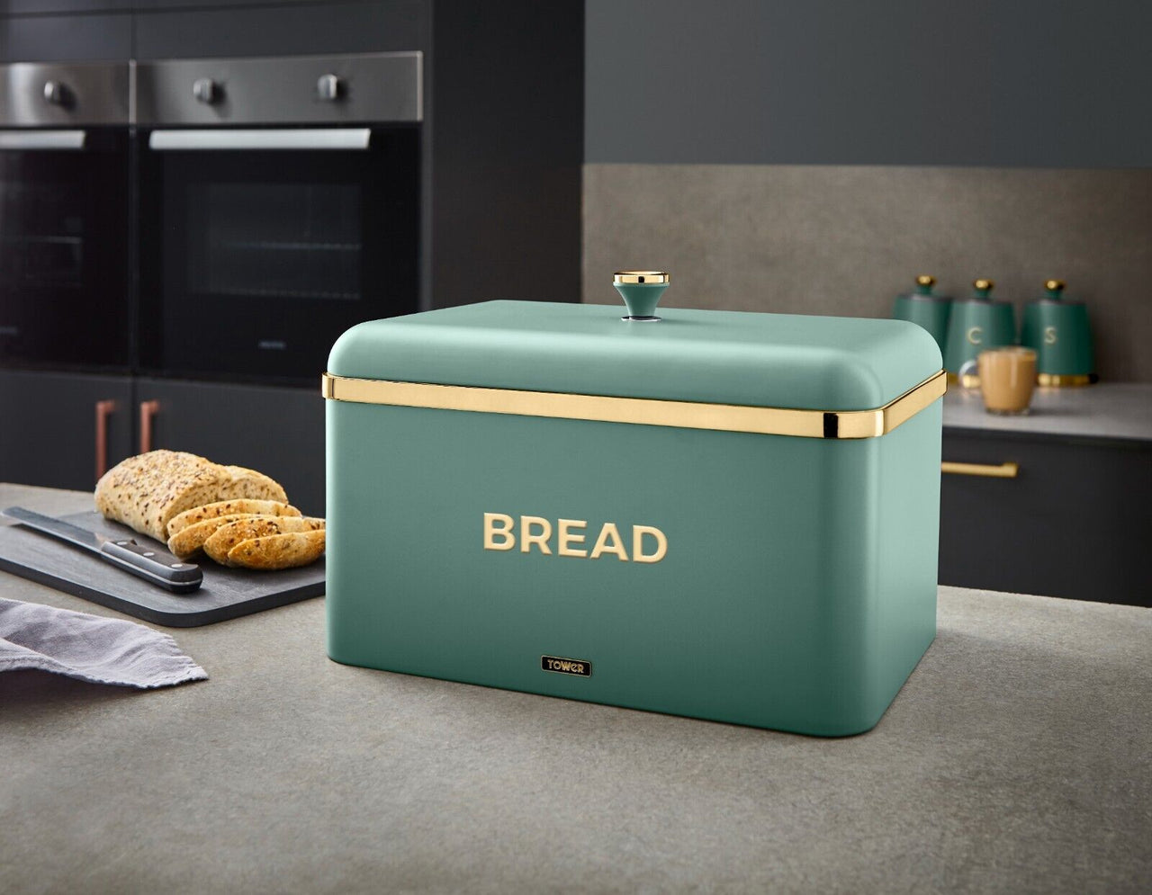 Tower Cavaletto Bread Bin in Jade with Champagne Gold Accents Kitchen Storage