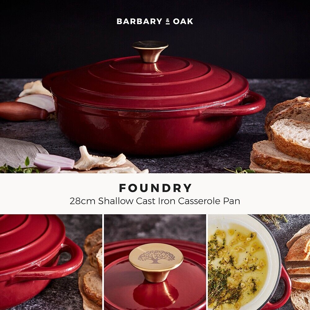 Barbary & Oak 28cm Shallow Casserole Dish Cast Iron in Bordeaux Red with 25 Year Guarantee