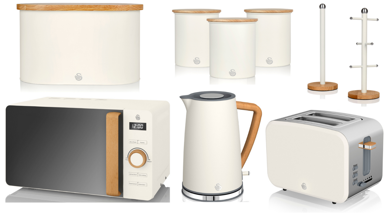 Swan Nordic Kettle, 2 Slice Toaster, Microwave, Bread Bin, Canisters, Mug Tree & Towel Pole Set of 9 Cotton White