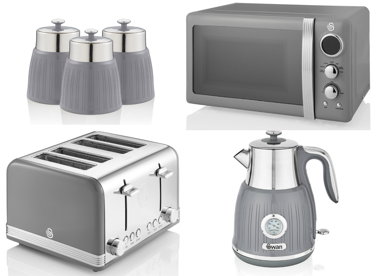 Swan Retro Grey 1.5L 3KW Dial Kettle, 4 Slice Toaster, 800W 20L Microwave & Canisters Kitchen Set of 6