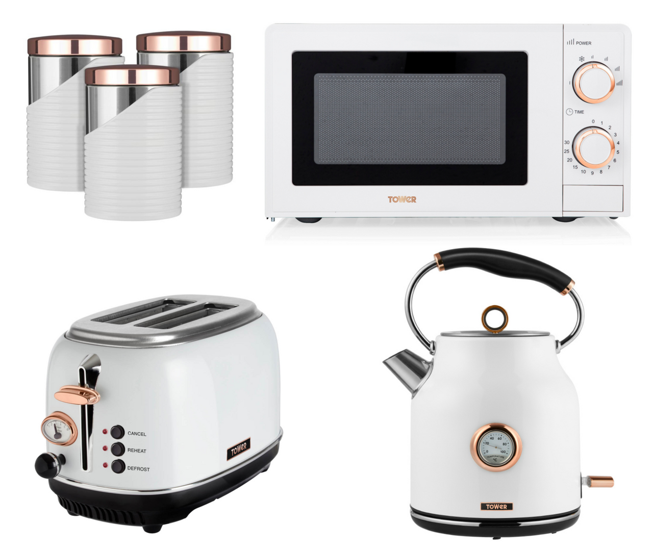 Tower Bottega Kettle Toaster Microwave & Canisters Set of 6 White/ Rose Gold