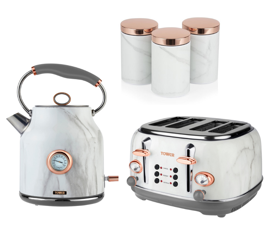 Tower Rose Gold & White Marble Kettle, 4 Slice Toaster & Canisters Matching Set