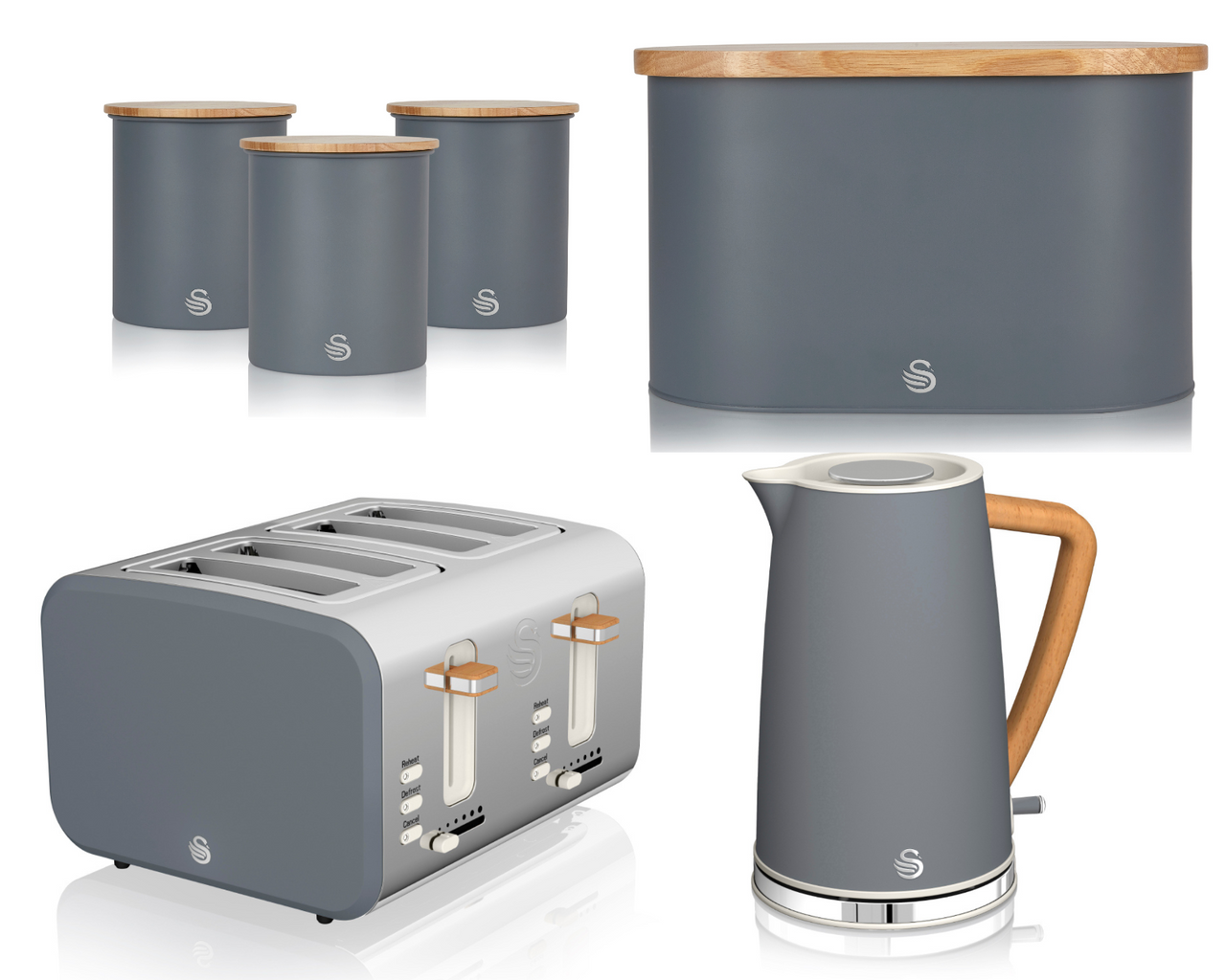 Swan Nordic Grey 1.7L Jug Kettle, 4 Slice Toaster, Bread Bin & Canisters Matching Kitchen Set