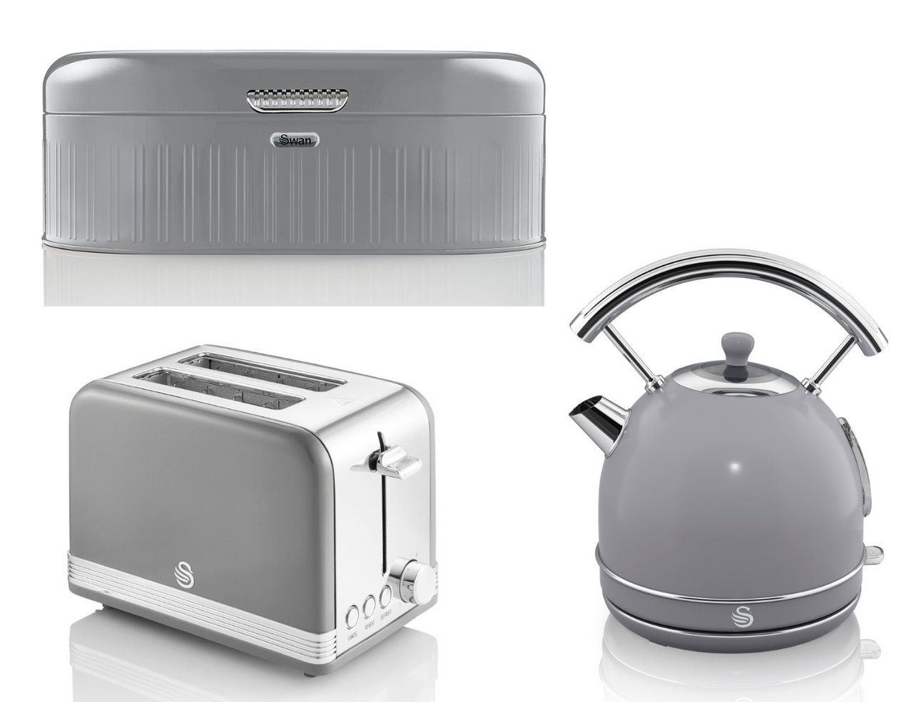 SWAN Retro Grey Dome Kettle, 2 Slice Toaster & Breadbin Vintage Kitchen Set