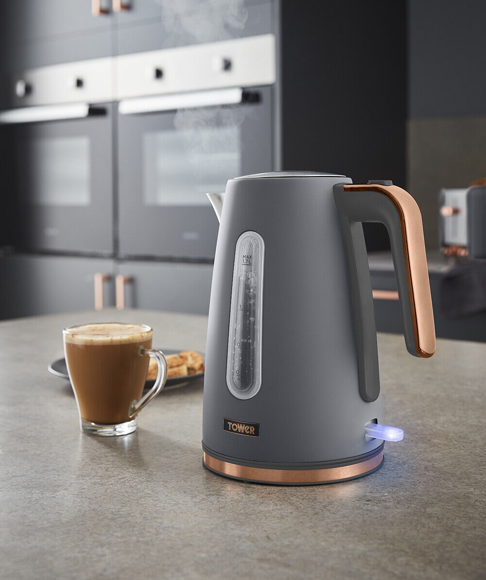 TOWER Cavaletto Jug Kettle, 4 Slice Toaster, Bread Bin & Canisters Set in Grey & Rose Gold