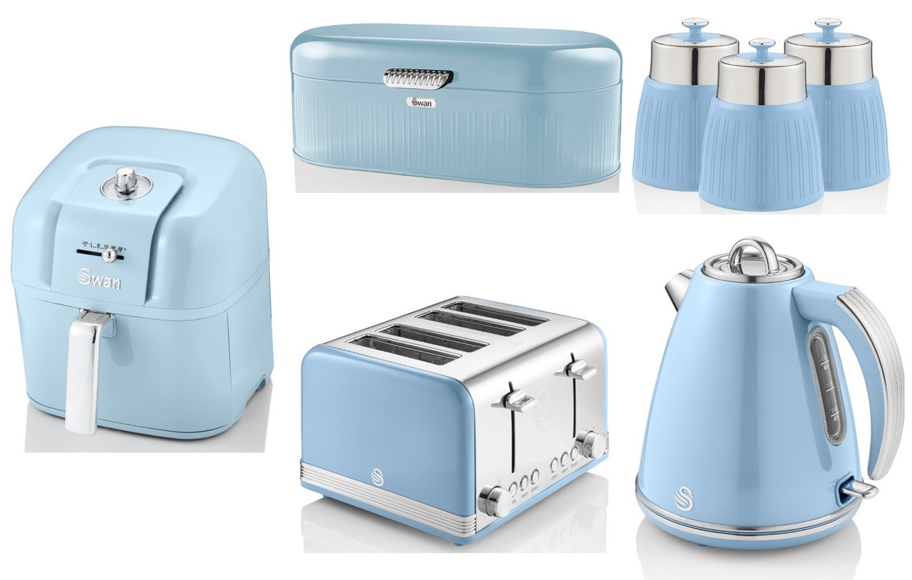 SWAN Retro Blue Set of 7 -Kettle 4 Slice Toaster 6L Air Fryer Breadbin Canisters