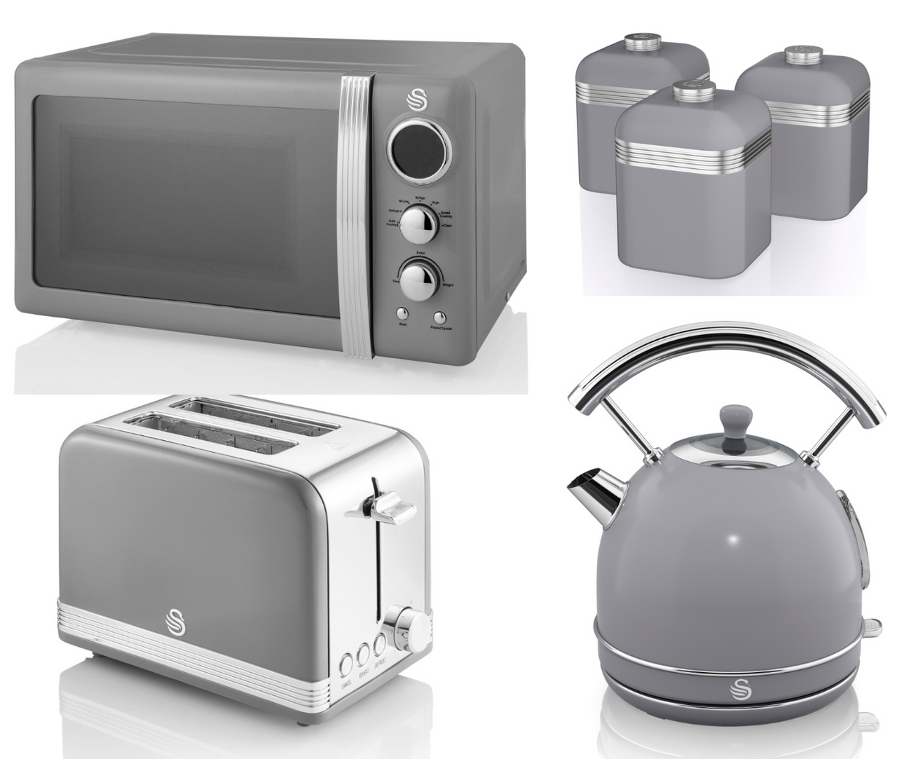 SWAN Retro Grey Dome Kettle 2 Slice Toaster Microwave & Canisters Kitchen Set