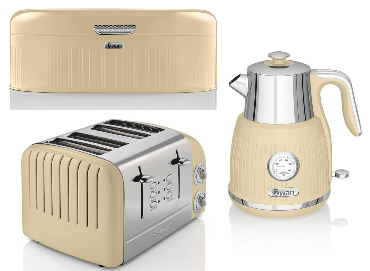 Swan Retro Cream Dial Kettle, 4 Slice Toaster & Bread Bin Vintage Kitchen Set