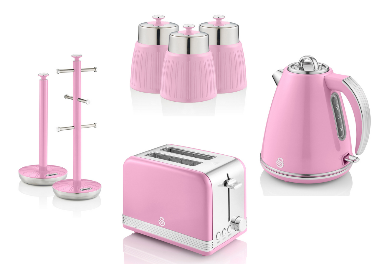 SWAN Retro Pink Jug Kettle Toaster Canisters Mug Tree Towel Pole Kitchen Set