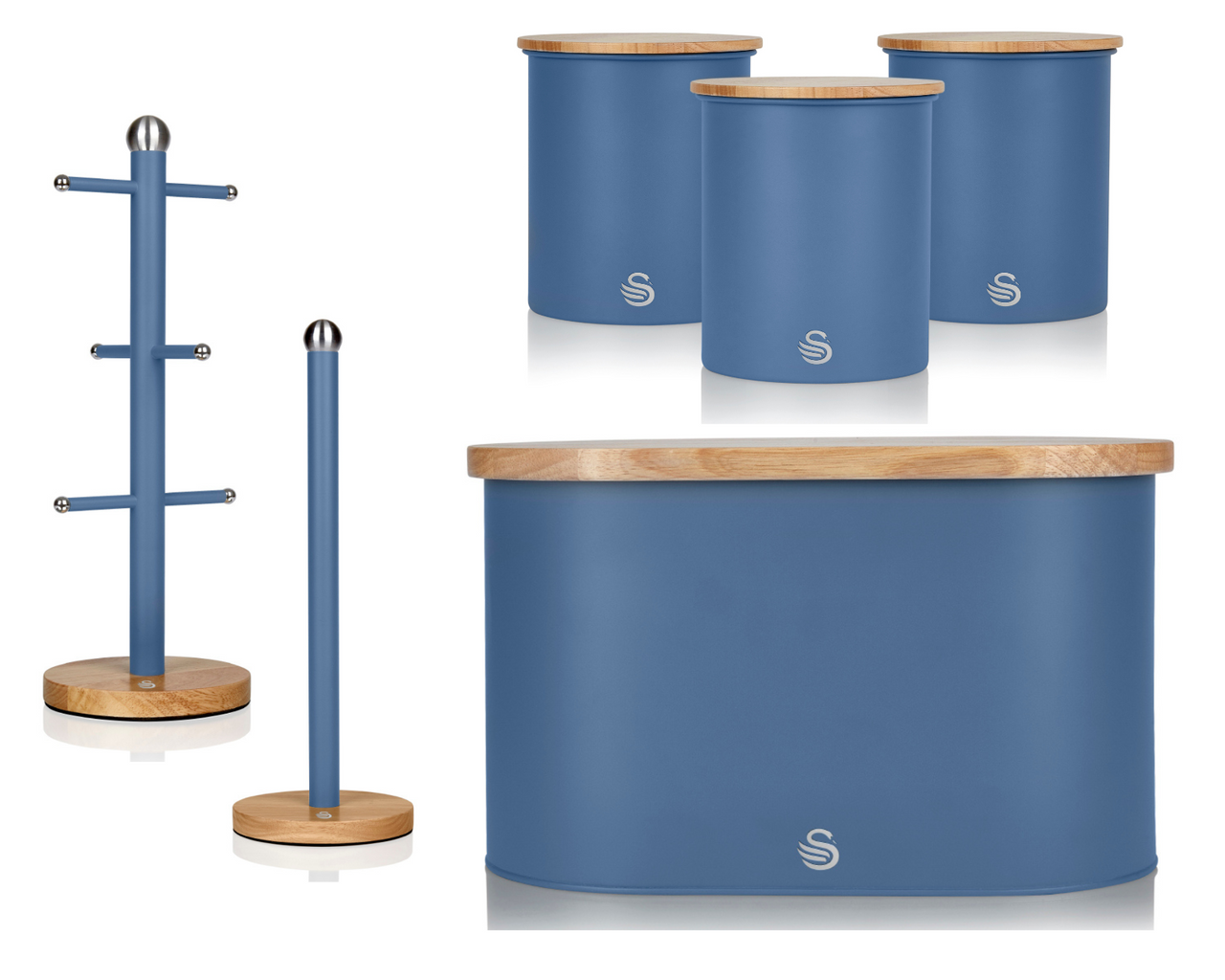 Swan Nordic Blue Bread Bin Canisters Mug Tree & Towel Pole Matching Kitchen Set