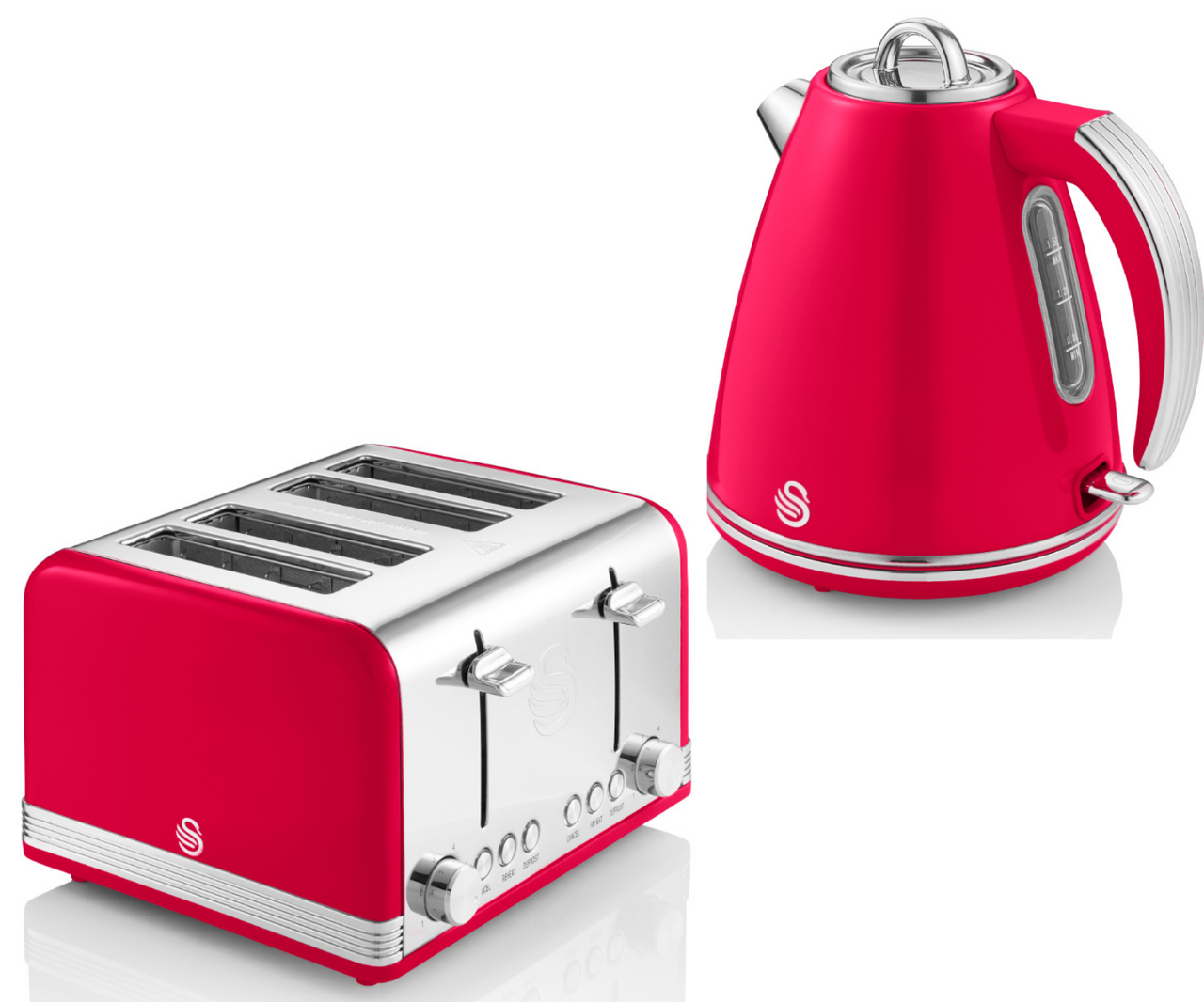 Swan Retro Jug Kettle & 4 Slice Toaster Matching Kitchen Set in Red - 2 Yr G`tee