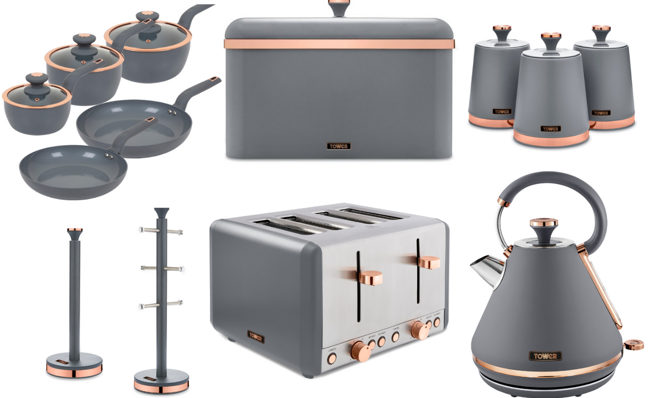 Tower Cavaletto Set of 13 Grey Kettle 4 Slice Toaster Pan Set & Kitchen Storage
