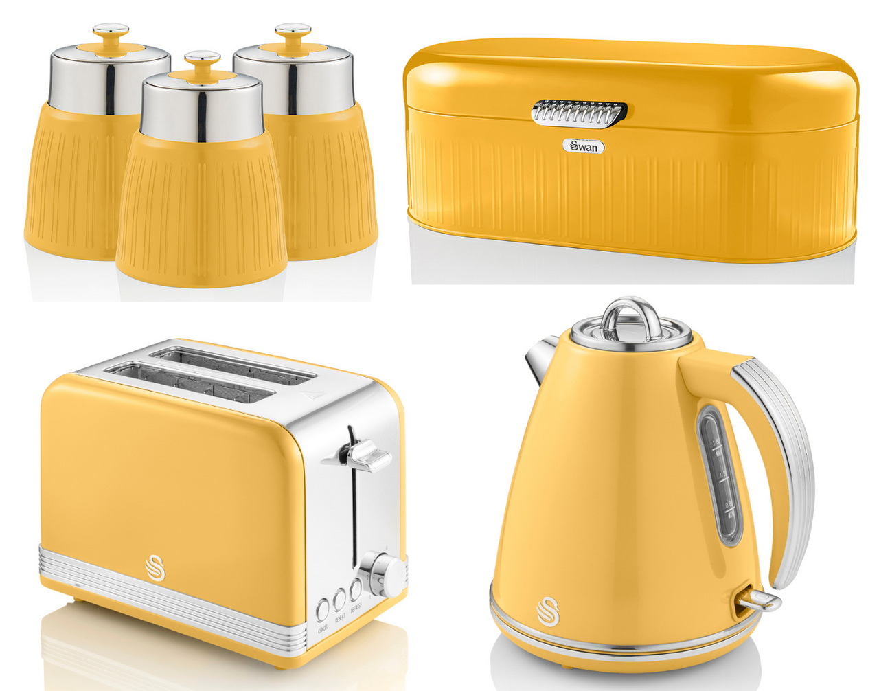 Swan Retro Yellow Jug Kettle 2 Slice Toaster Bread Bin & 3 Canisters Kitchen Set