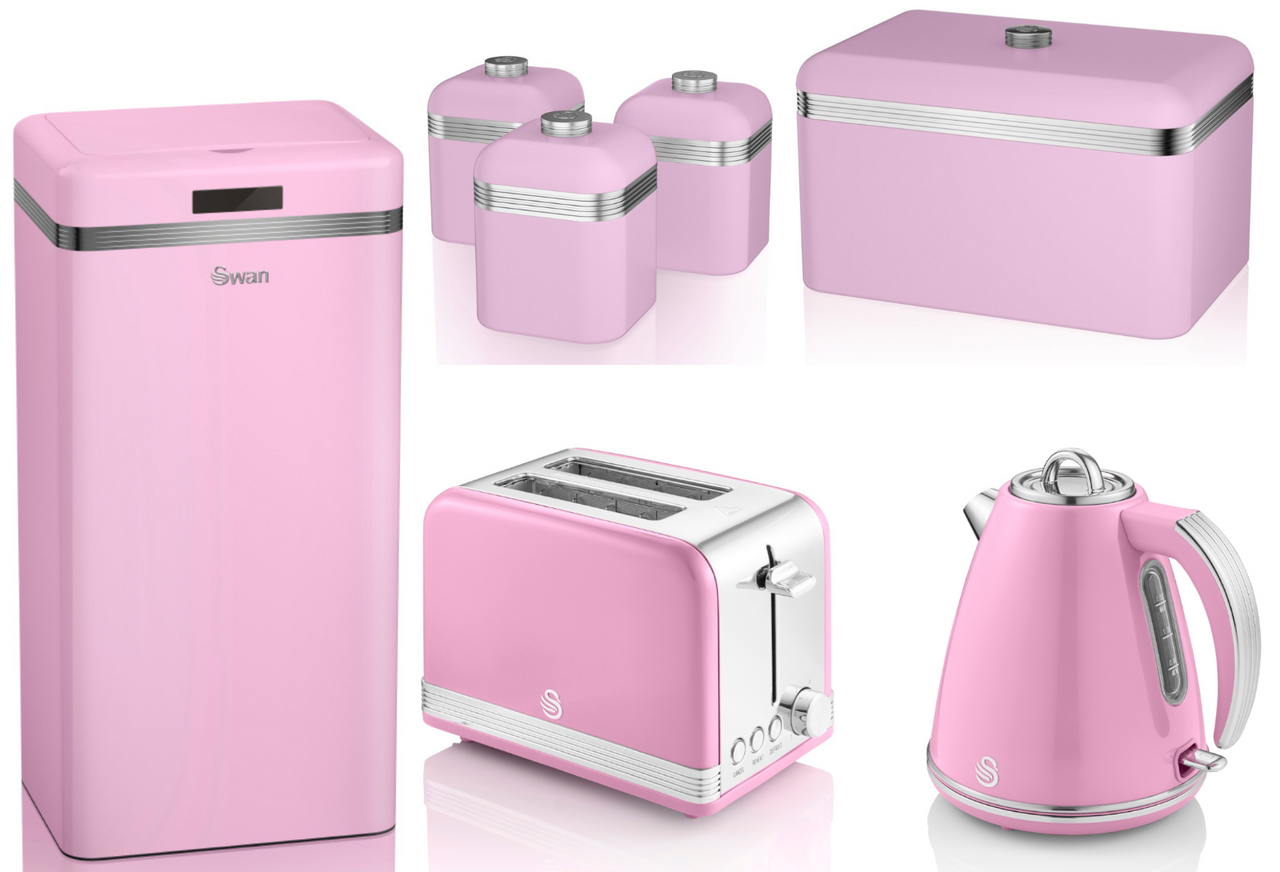 SWAN Retro Pink Jug Kettle 2 Slice Toaster Breadbin 3 Canisters & 45L Sensor Bin