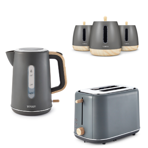 Tower Scandi Grey Modern Scandinavian Style Kettle Toaster & Canisters Set