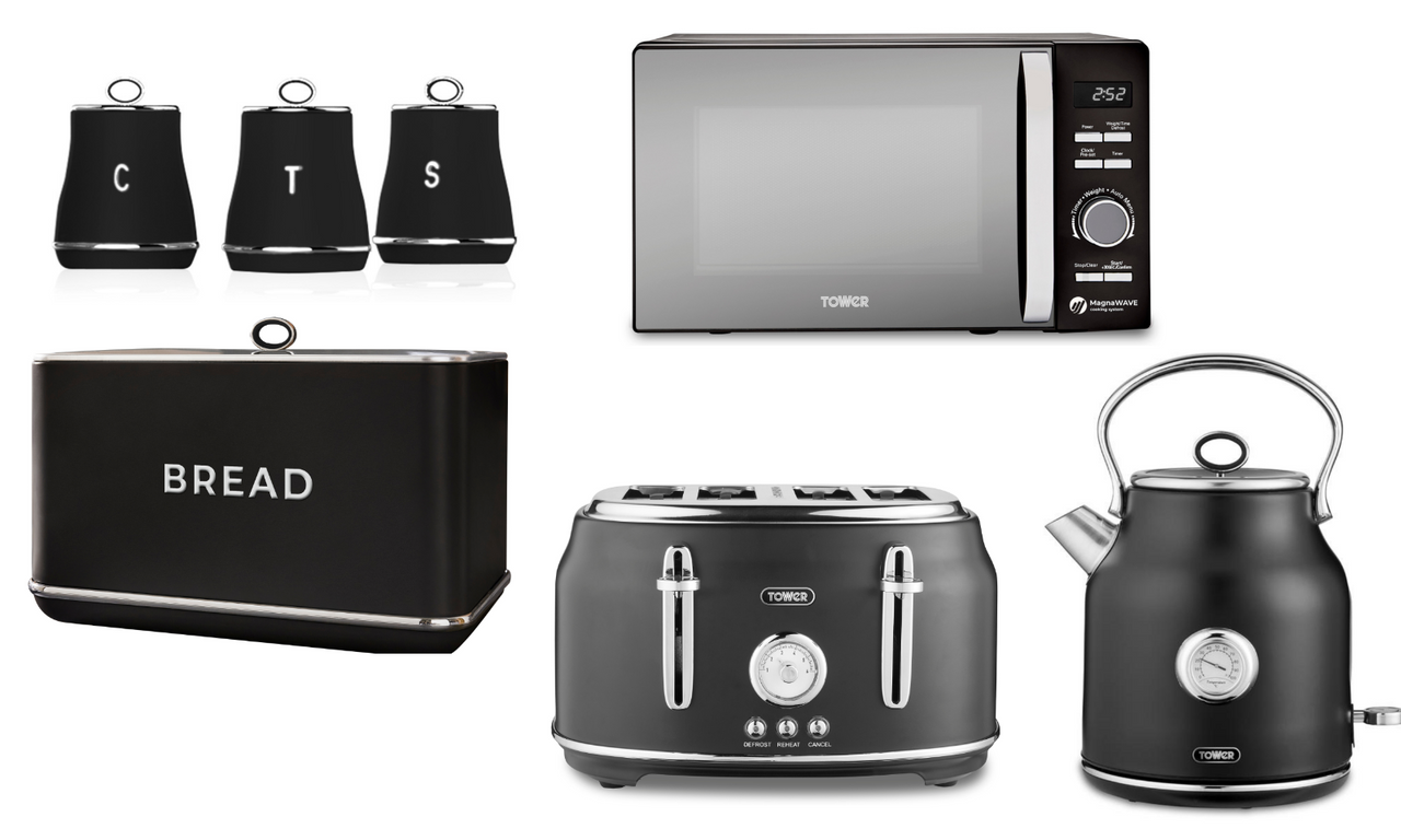 Tower Renaissance 1.7L 3KW Black Kettle, 4 Slice Toaster, 800W 20L Microwave, Bread Bin & Canisters Matching Set