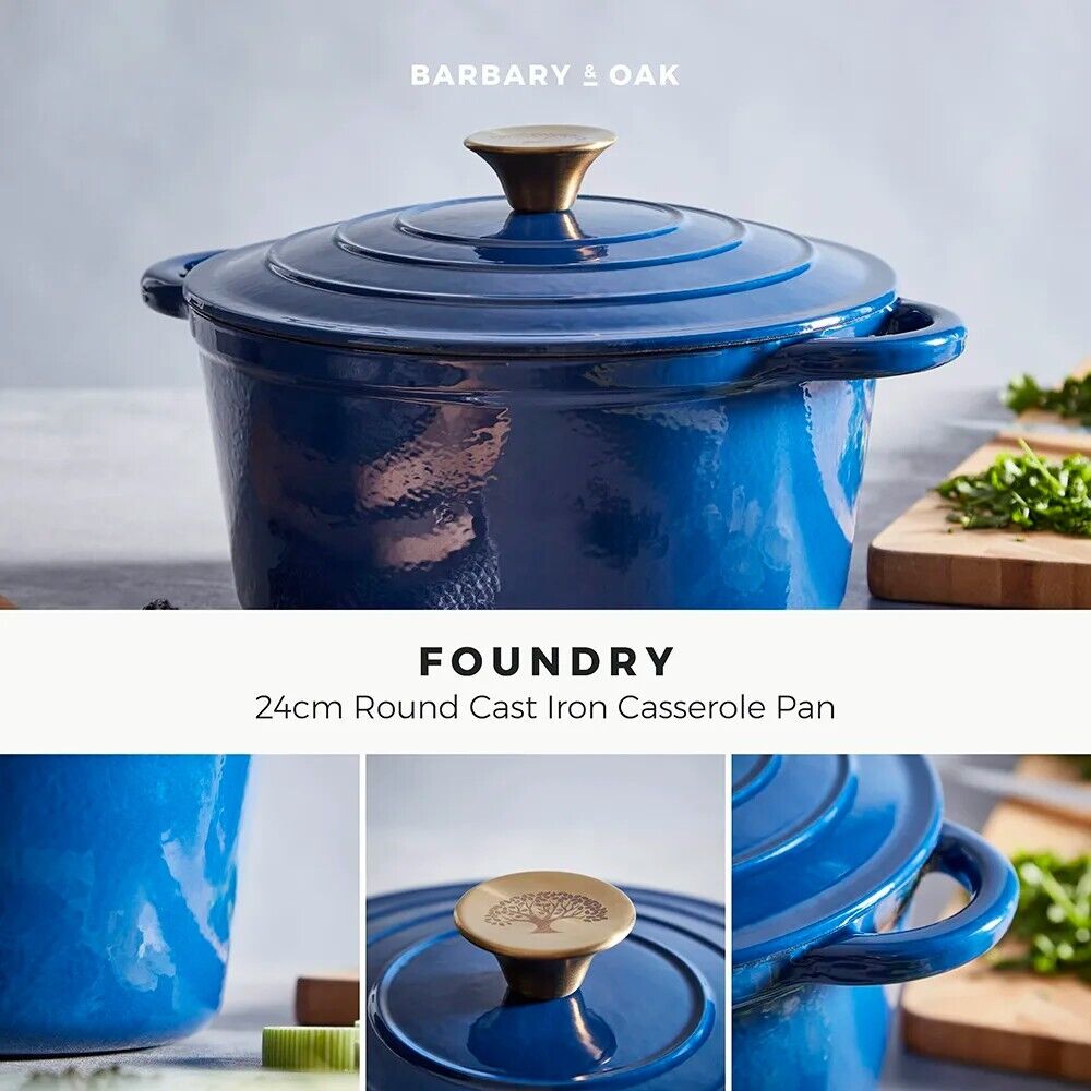 Barbary & Oak Foundry Round 24cm Casserole Pan Cast Iron Blue BO800251BLU