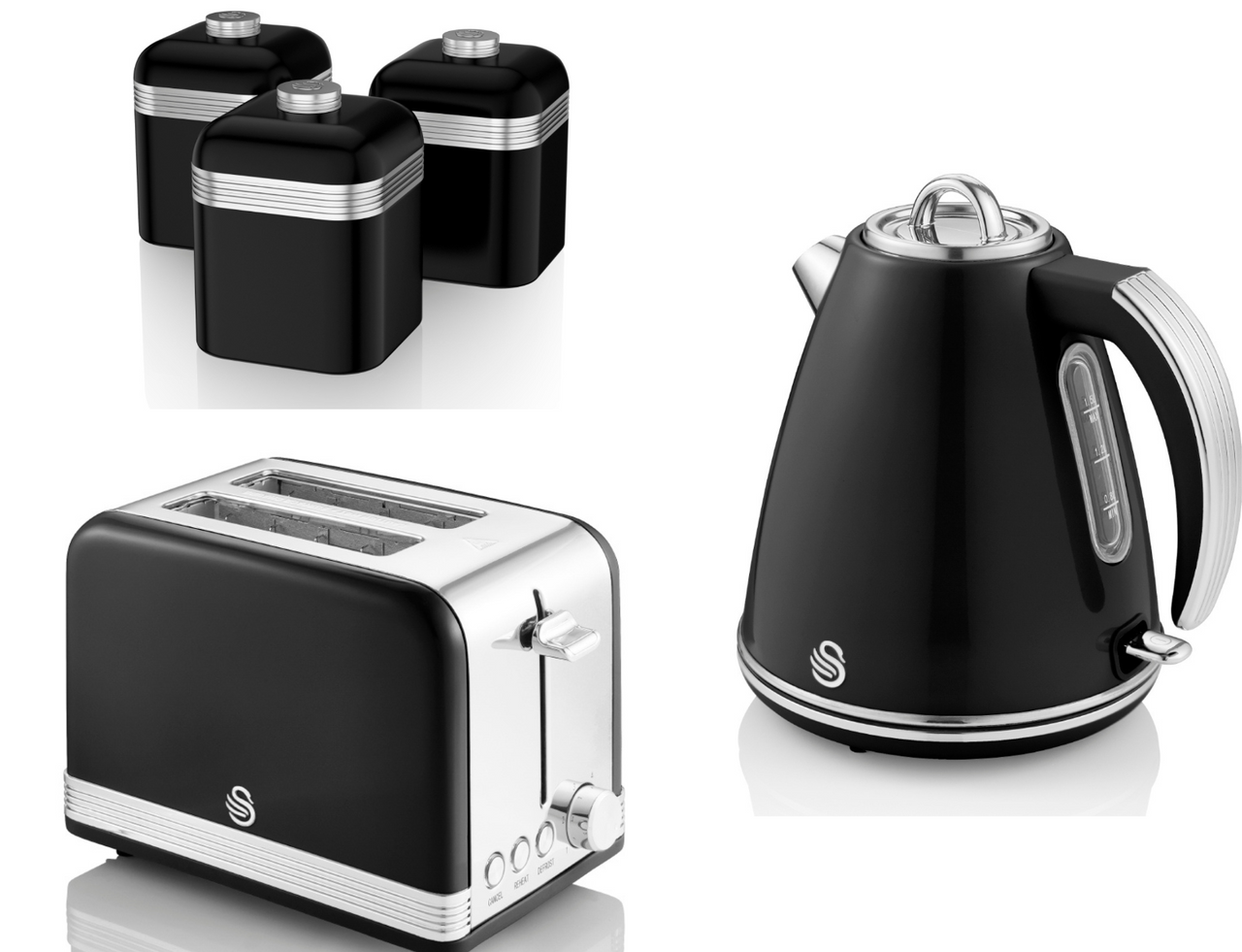 SWAN Retro Black Jug Kettle 2 Slice Toaster & Set of 3 Canisters Matching Set
