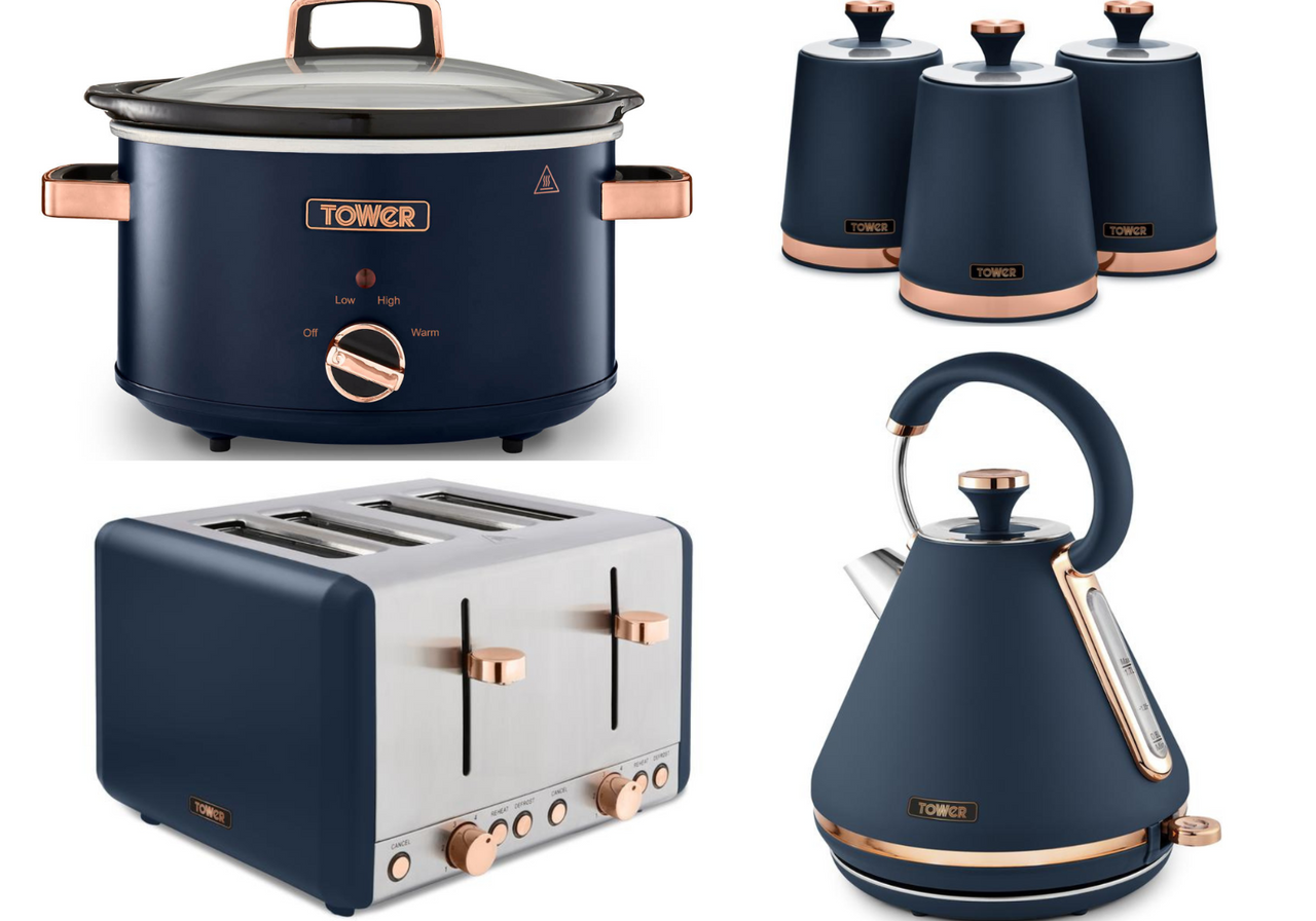 Tower Cavaletto Blue Kettle 4 Slice Toaster Large 6.5L Slow Cooker & 3 Canisters