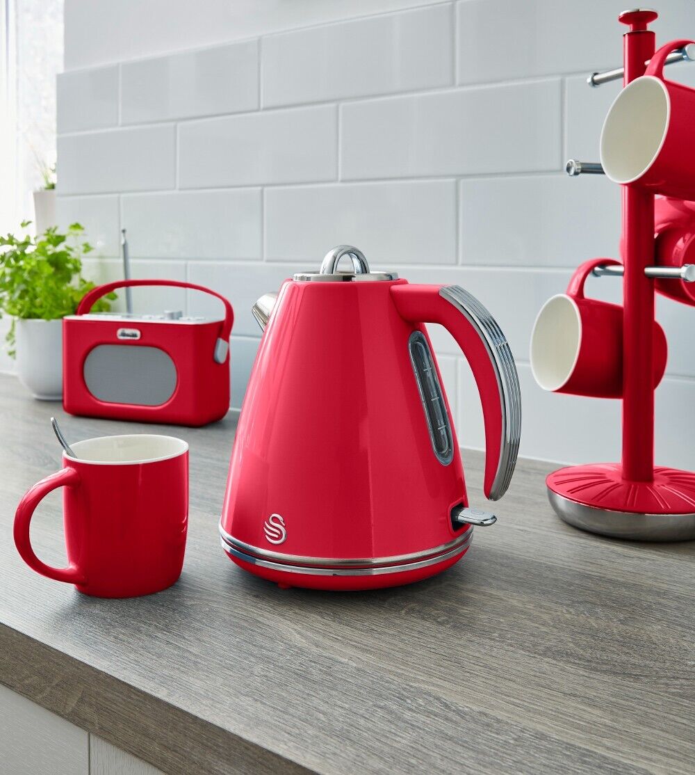 Swan Retro Red Jug Kettle 2 Slice Toaster & 3 Canisters Matching Kitchen Set