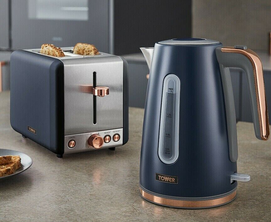 Tower Cavaletto 1.7L Jug Kettle & 2 Slice Toaster in Blue/Rose Gold