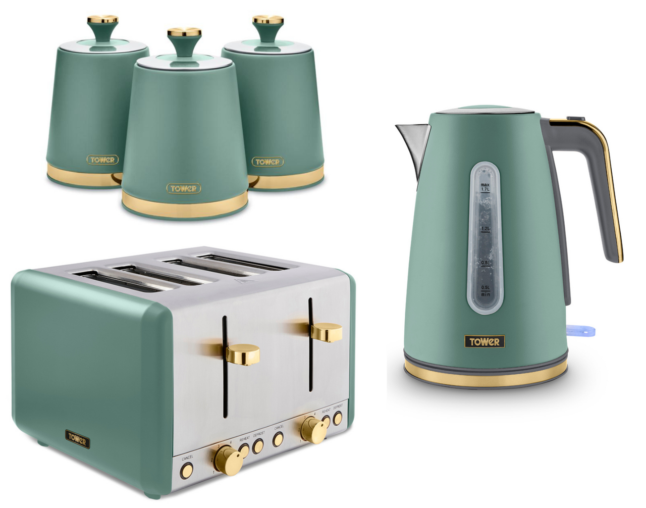 Tower Cavaletto Jug Kettle, 4 Slice Toaster & Canisters Set in Jade with Champagne Accents
