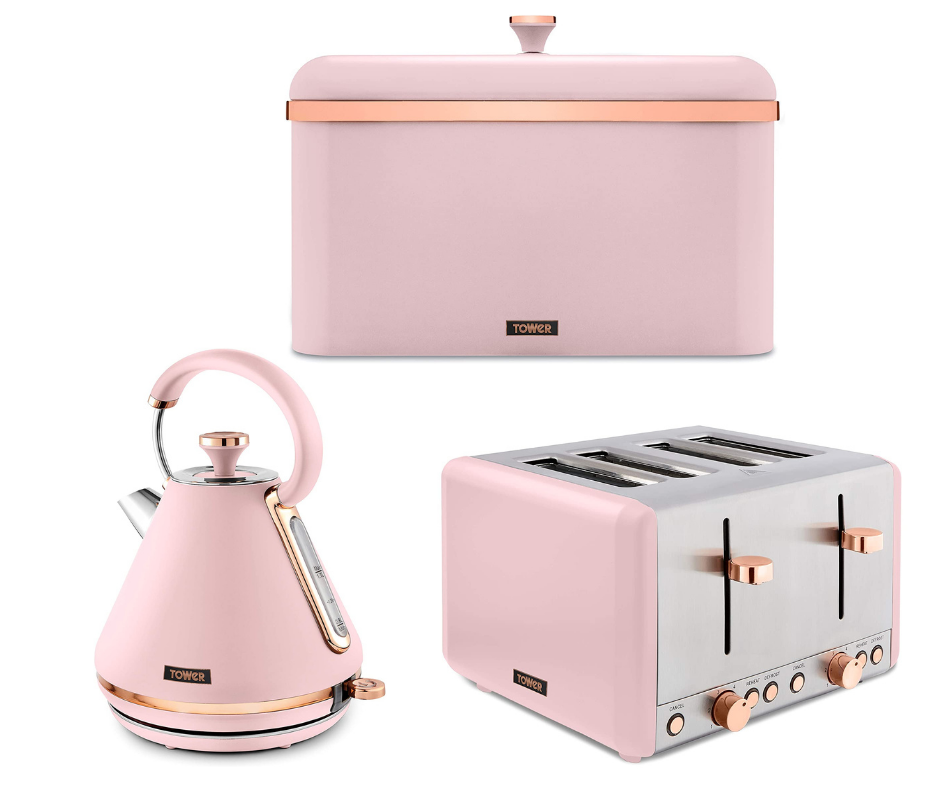 Tower Cavaletto Kettle, 4-Slice Toaster & Bread Bin Set in Pink & Rose Gold