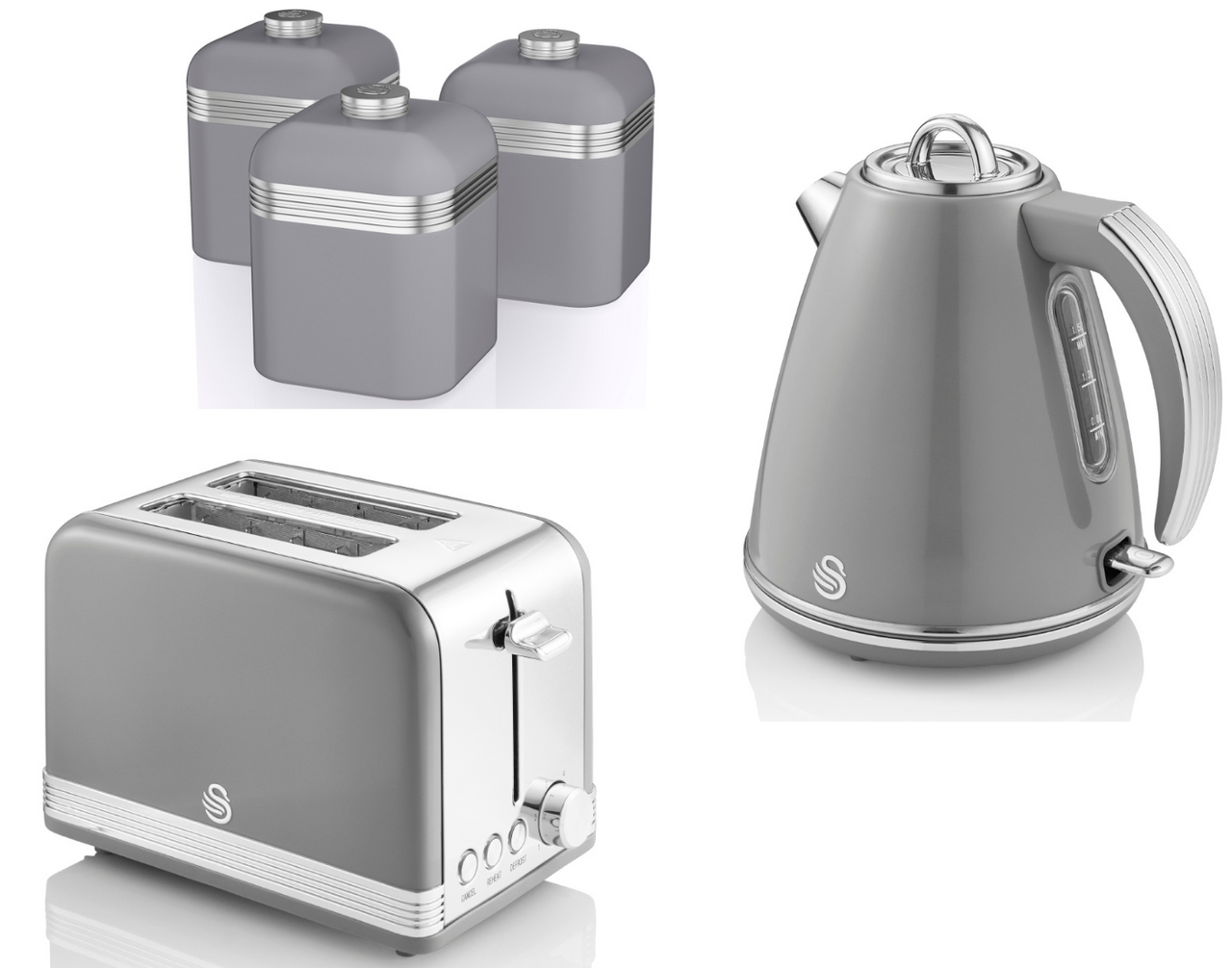 SWAN Retro Grey 1.5L 3KW Jug Kettle, 2 Slice Toaster & Set of 3 Canisters Matching Kitchen Set