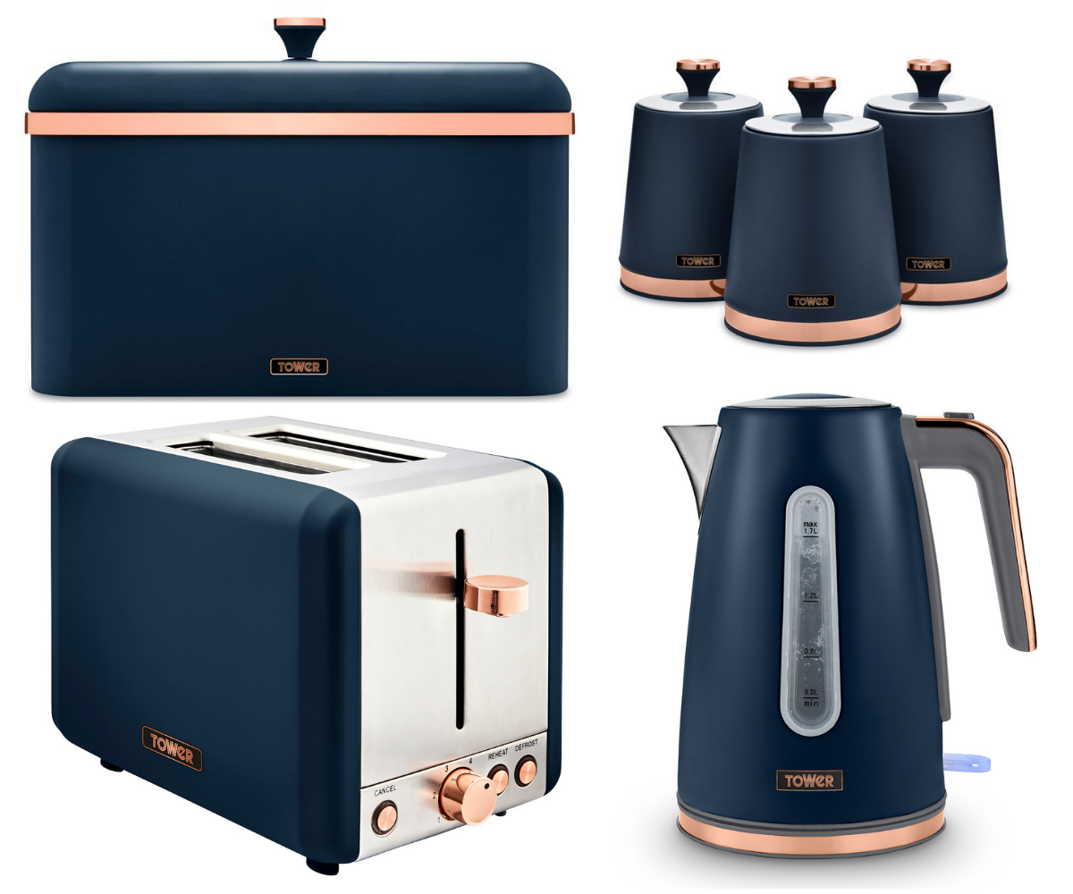 Tower Cavaletto Jug Kettle Toaster Bread Bin Canisters Midnight Blue/Rose Gold