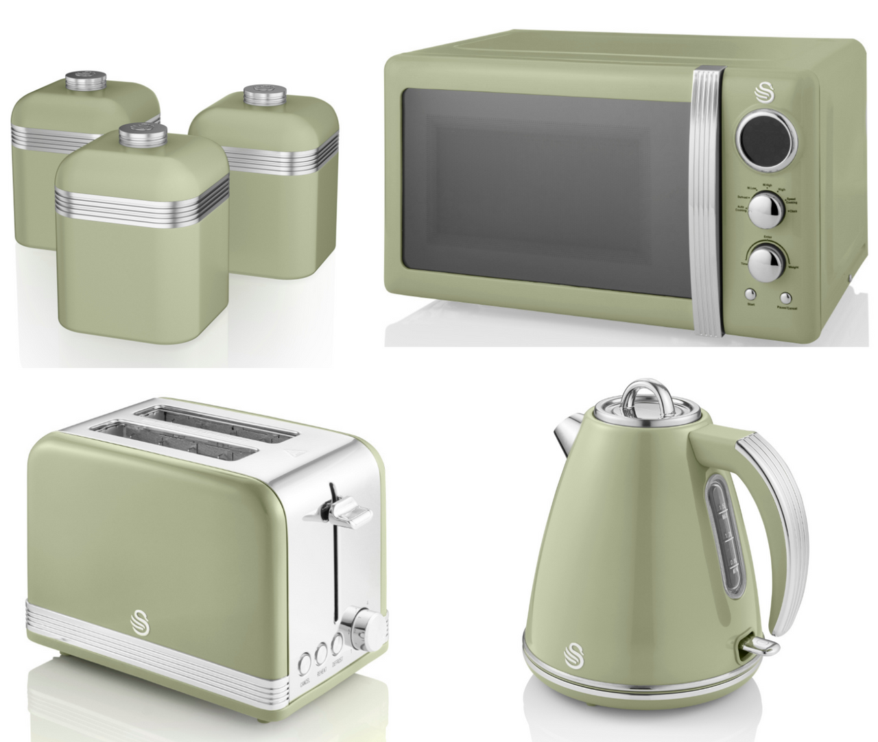 SWAN Retro Green 1.5L 3KW Jug Kettle, 2 Slice Toaster, 800W 20L Microwave & Canisters Matching Set of 6