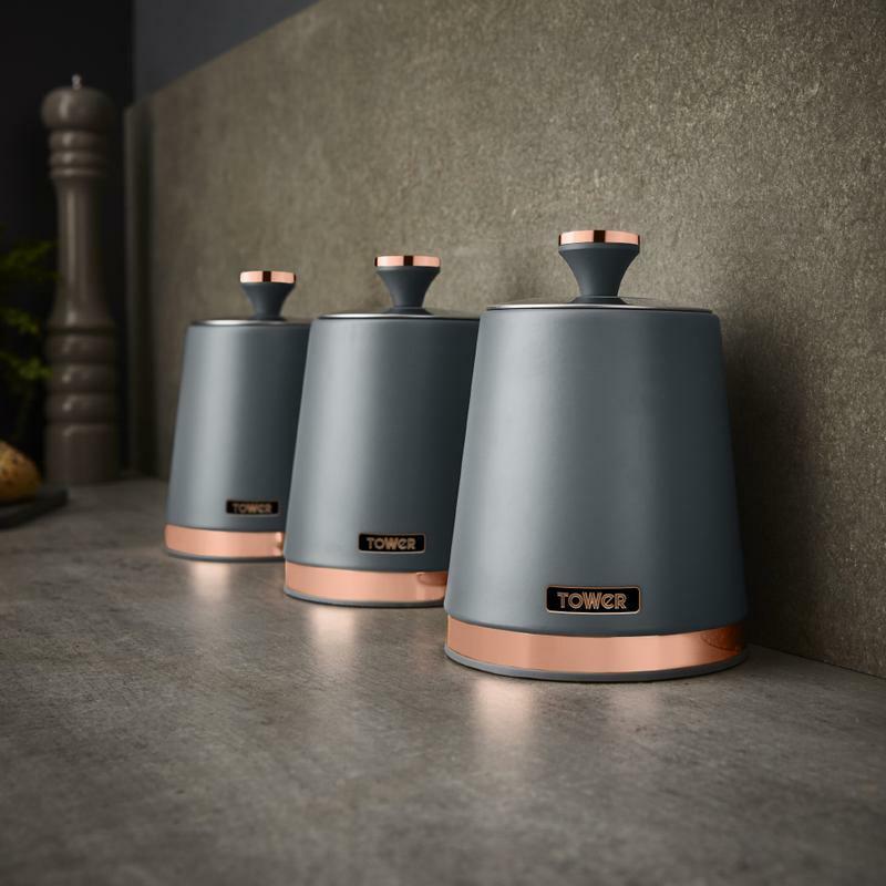 Tower Cavaletto Bread Bin Canisters & Mug Tree Grey/Rose Gold Kitchen Storage Set