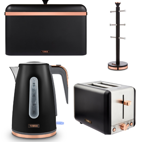 Tower Cavaletto Blue Jug Kettle, 2 Slice Toaster, Bread Bin & Mug Tree Set