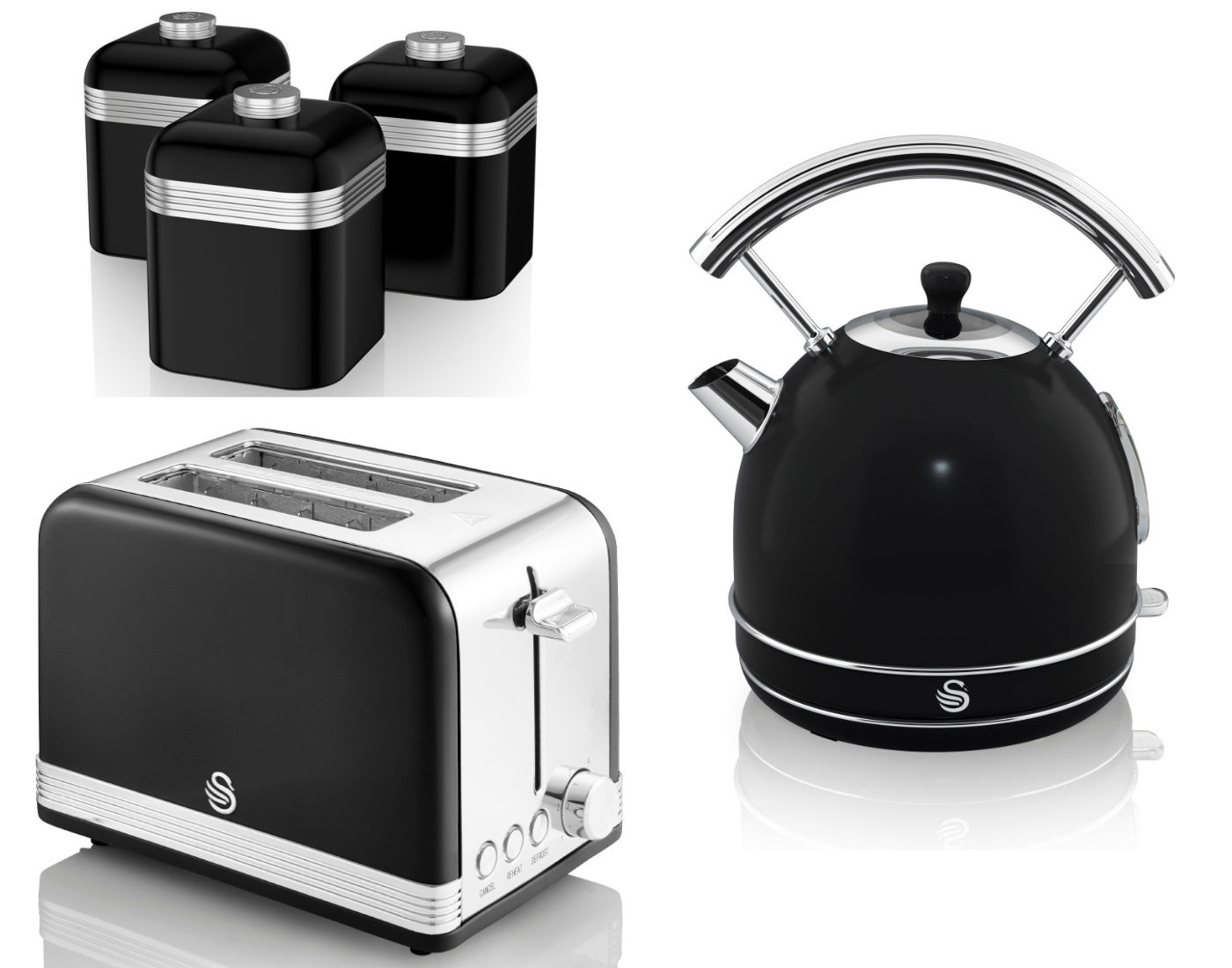 Swan Retro Black Dome Kettle Slice Toaster Storage Canisters Kitch