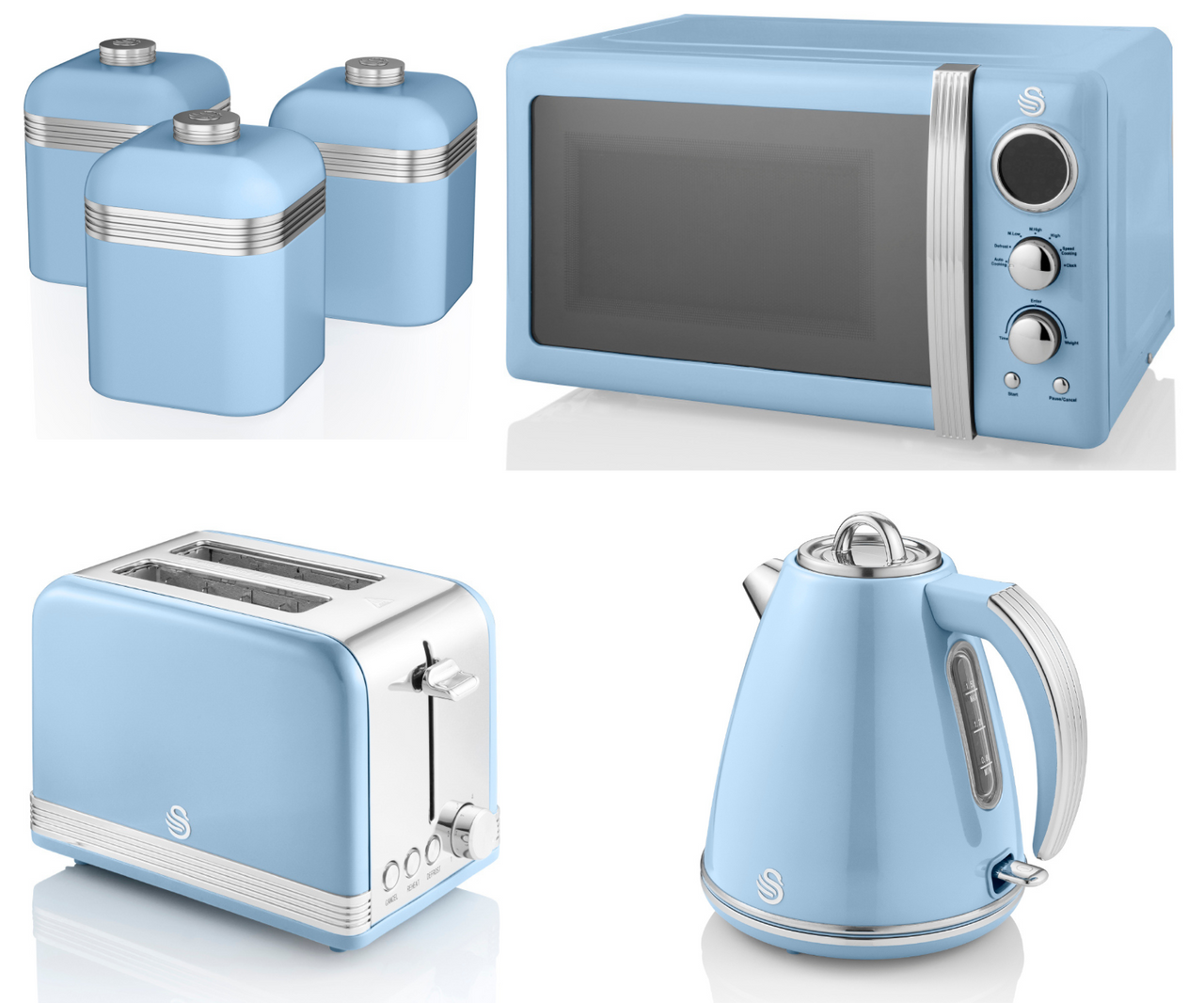 SWAN Retro Blue 1.5L 3KW Jug Kettle, 2 Slice Toaster, 800W 20L Microwave & 3 Canisters Matching Kitchen Set