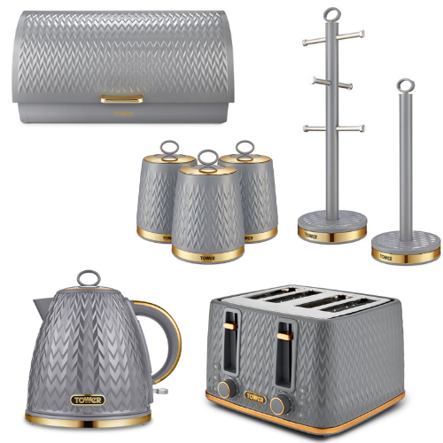 Tower Grey Pyramid Kettle 4 Slice Toaster Canisters BreadBin MugTree Towel Pole