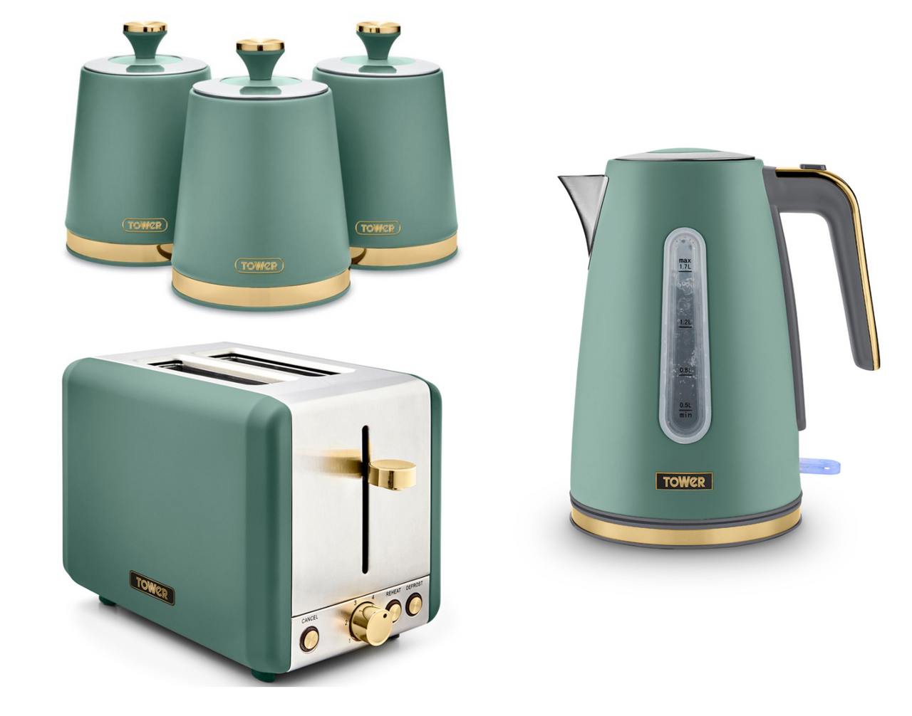 Tower Cavaletto 1.7L 3KW Jug Kettle, 2 Slice Toaster & Canisters Matching Set in Jade with Champagne Accents