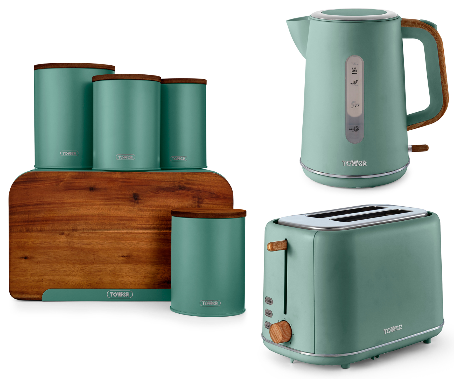 Tower Scandi Jade Kettle 2 Slice Toaster & 5 Piece Storage Set Green
