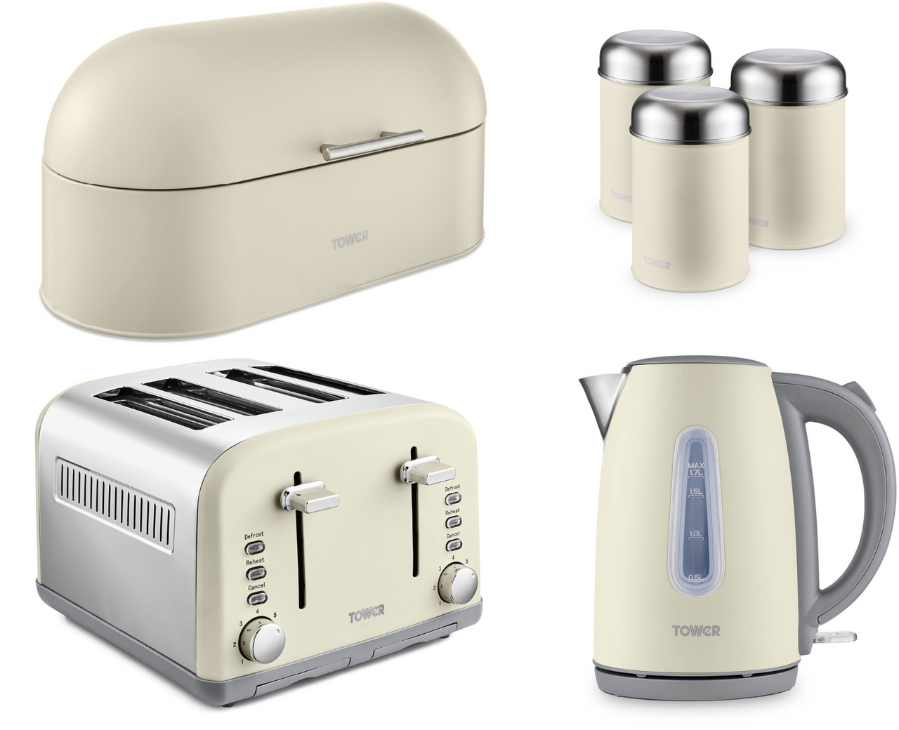 Tower Infinity Kettle 4 Slice Toaster Bread Bin & 3 Canisters Pebble Kitchen Set