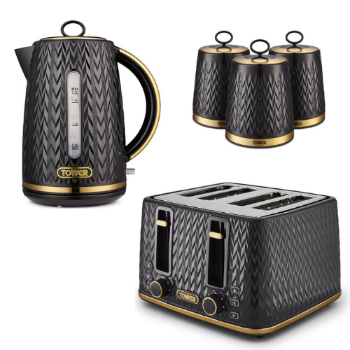 TOWER Empire 1.7L 3KW Jug Kettle, 4 Slice Toaster & Tea, Coffee, Sugar Canisters. Art Deco Design Matching Kitchen Set in Black with Brass Accents