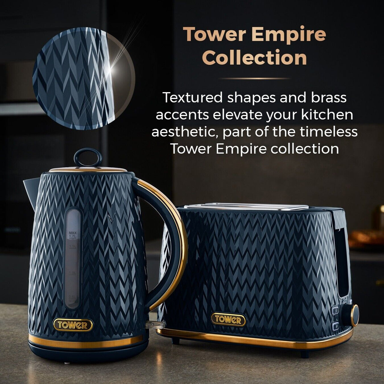 Tower Empire Blue Jug Kettle 2 Slice Toaster Breadbin Canisters Kitchen Set of 6