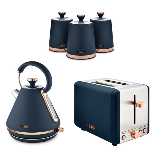 TOWER Cavaletto Kettle 2-Slice Toaster & Canisters Set Midnight Blue/Rose Gold