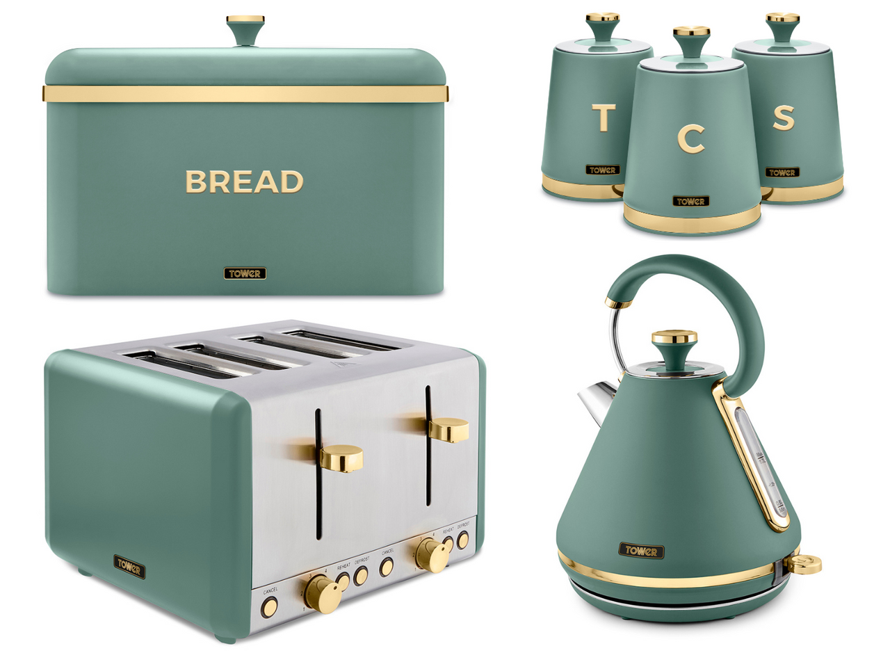 Tower Cavaletto Kettle Toaster Bread Bin 3 Canisters Set in Jade & Champagne Gold