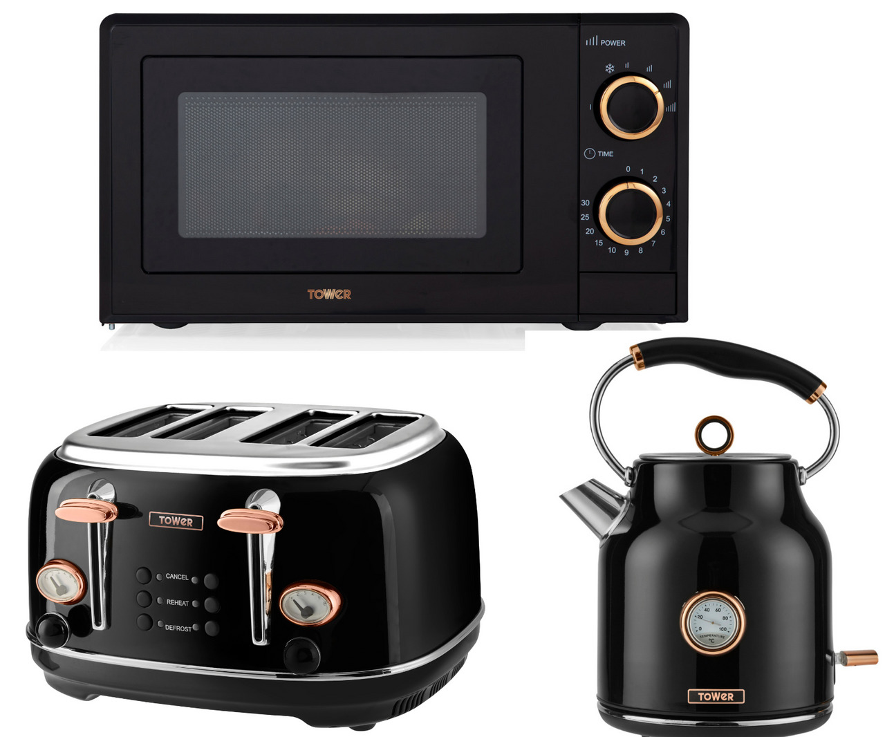 TOWER Bottega Kettle 4 Slice Toaster & 700W 17L Microwave in Black & Rose Gold