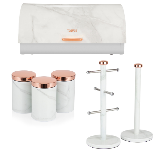 Tower Rose Gold/White Marble Bread Bin, Canisters, Mug Tree & Towel Pole Set