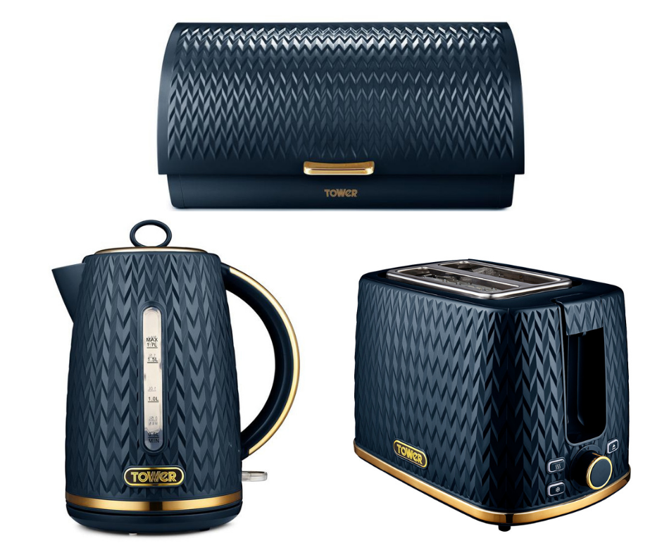 Tower Empire Kettle, 2 Slice Toaster & Bread Bin Art Deco Midnight Blue & Brass