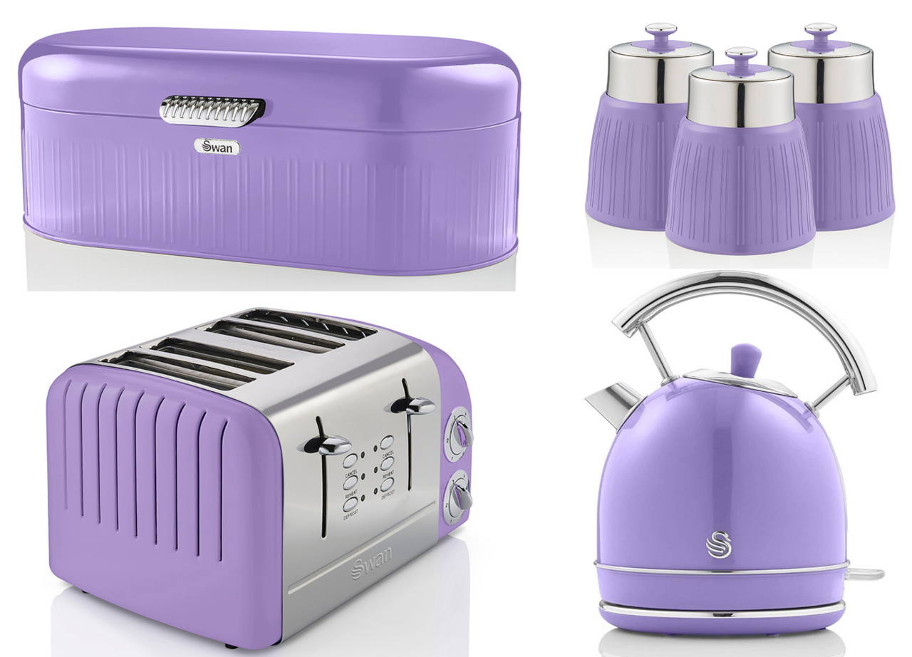 Swan Retro Purple Dome Kettle 4 Slice Toaster Breadbin & 3 Canisters Set of 6