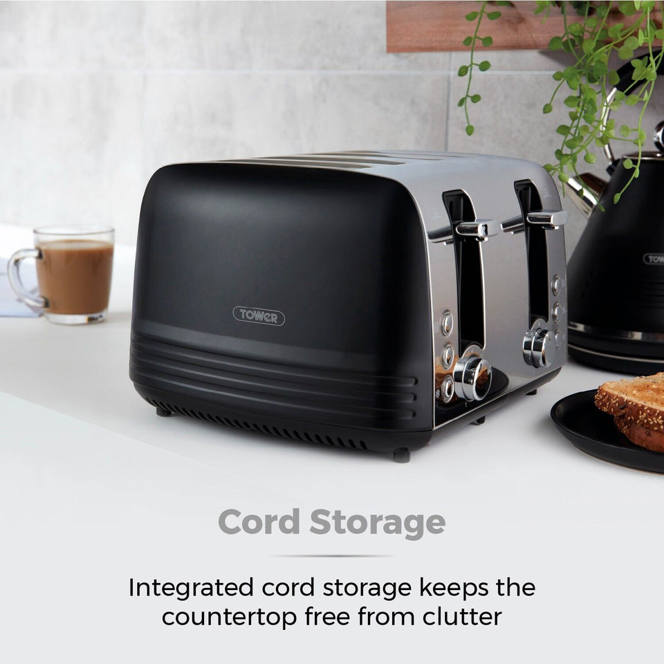 Tower Ash 1.7L 3KW Pyramid Kettle & 4 Slice Toaster Set Black & Chrome
