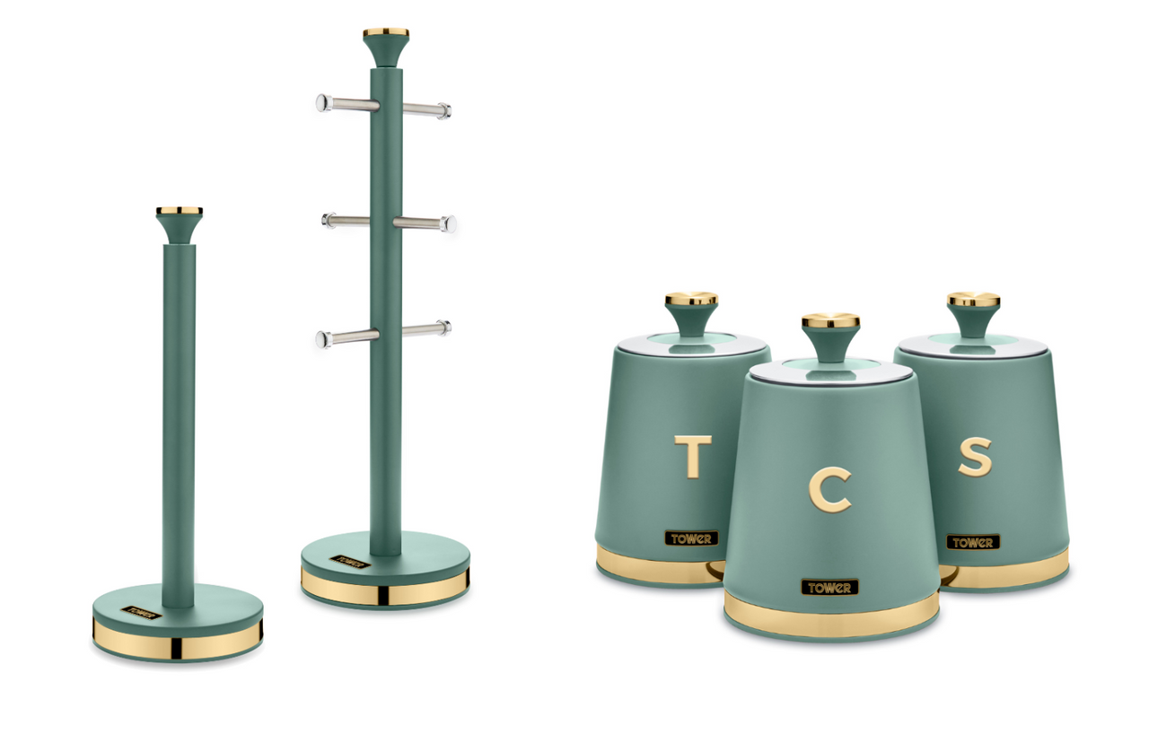 Tower Cavaletto Jade & Gold 3 Canisters Mug Tree Towel Pole Kitchen Storage Set